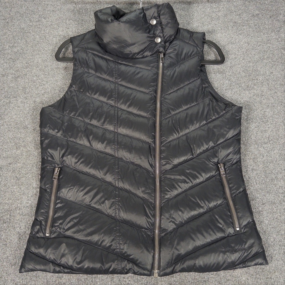 Patagonia Womens Fiona Down Vest Black Chevron Quilt Full Zip 28415 Size M